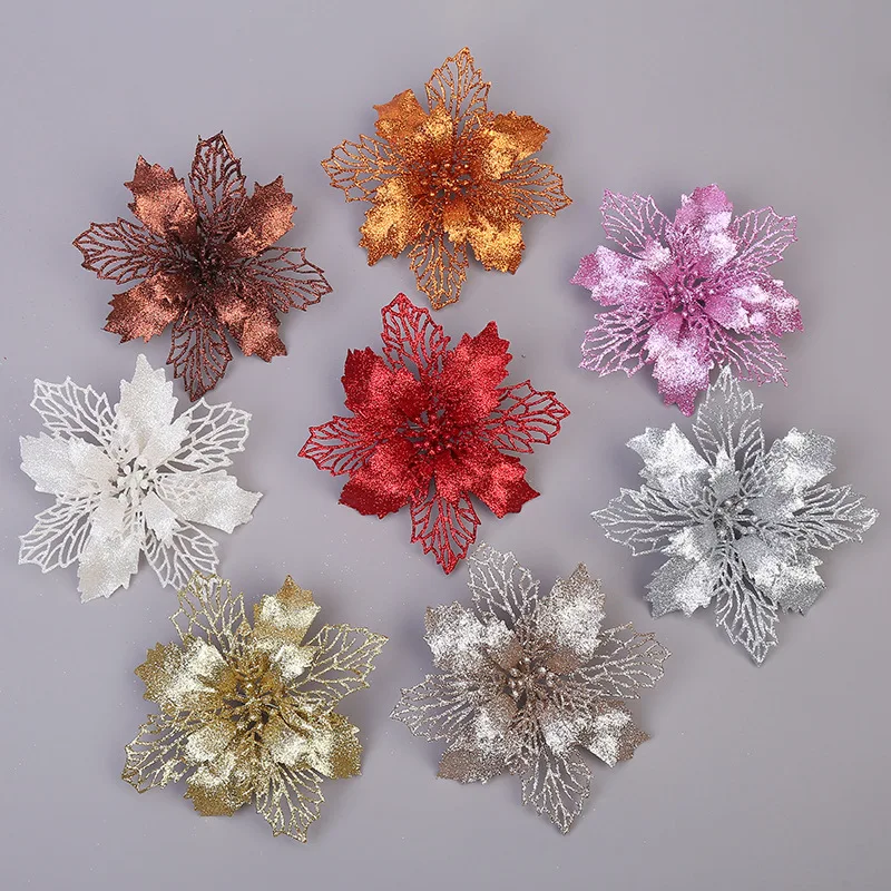 

6pcs 9/11/16cm Artificial Christmas Flowers Glitter Fake Flower Xmas Tree Ornaments Christmas Decorations for Home New Year