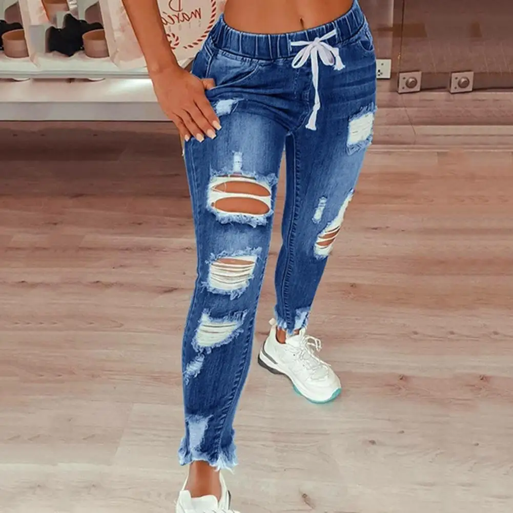 

Fashion Women Elastic Drawstring Holes Long Jeans Trouser Dating Streetwear Casual Harem pants Summer Hot Sale 2021