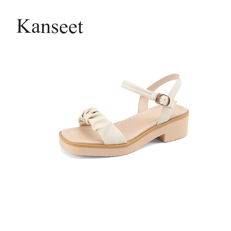 

Kanseet Thick Heel Fashion Pleated Women Sandals Open-Toed Party Dress 2021 Summer Shoes Buckle Strap Daily Soft Mid Heels Shoes