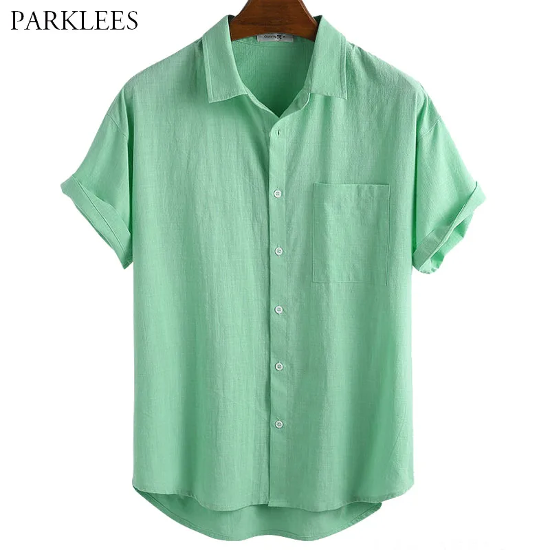 

Solid Green Linen Summer Men Shirt Casual Loose Shirts for Men with Pocket Lapel Button Up Mens Short Sleeve Shirt Streetwear