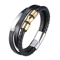 fashion stainless steel charm men bracelet magnet clasp braided mutilayer leather wrap punk rock bangle male jewelry gift pd1003