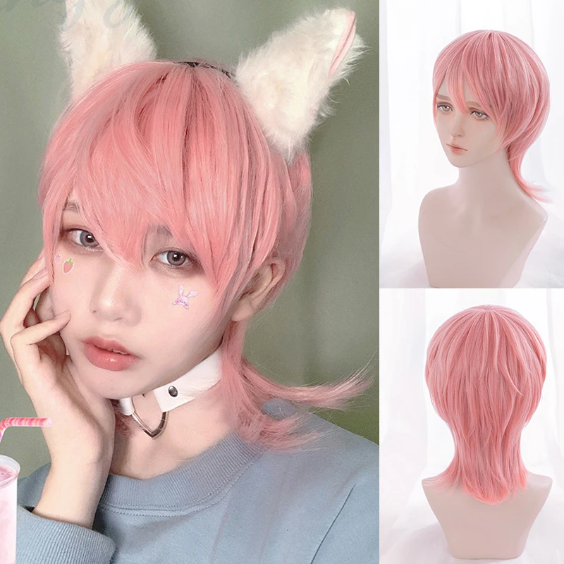 DIFEI Synthetic Short Straight Wig Cosplay Wig Lolita Cute Boy Heat-resistant Pink Wig