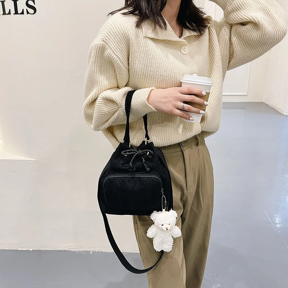 

Women Fashion Flannel Pure Color Bucket Shoulder Bag Drawstring Crossbody Bags Female Casual Small Messenger Bags