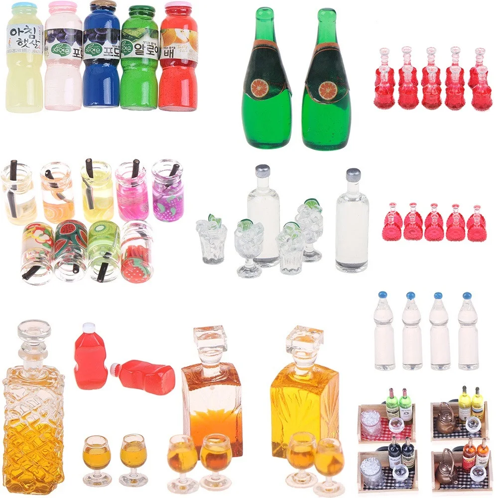 

Dollhouse Juice Drink Tomato Sauce Squeeze Water Fruit Wine Bottle Model Food Pretend Play Doll Furniture Toys Kitchen Accessory
