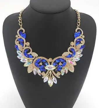 Люксовый Бренд AB Блеск Хрустальный Цветок Цепь Choker Заявление Ожерелья Подвески Горный Хрусталь Нагрудник Воротник - Окраска металла: blue