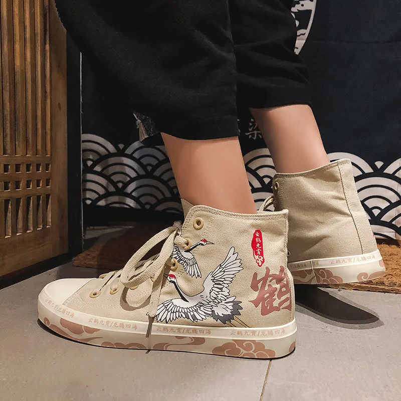 Couples Chinese Style Crane Print Canvas Single Shoes Men Women Japanese Harajuku Short Boot Footwear Fashion Retro Ankle Boots |
