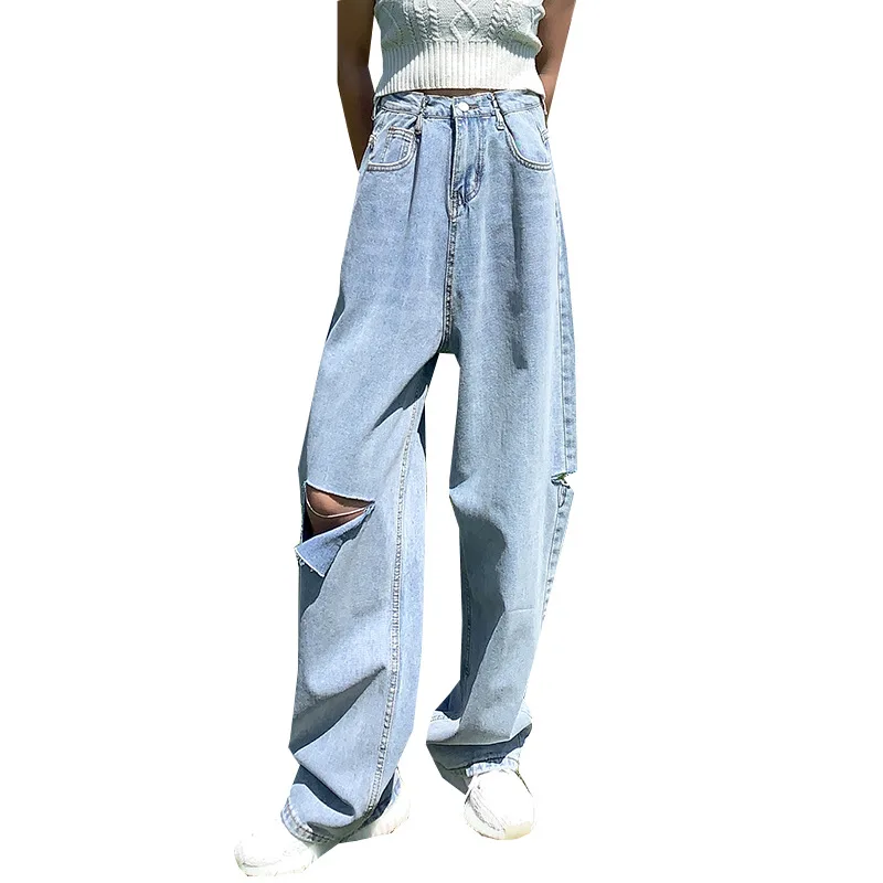 Женские джинсы с дырками широкие свободные брюки высокой талией тонкие модные