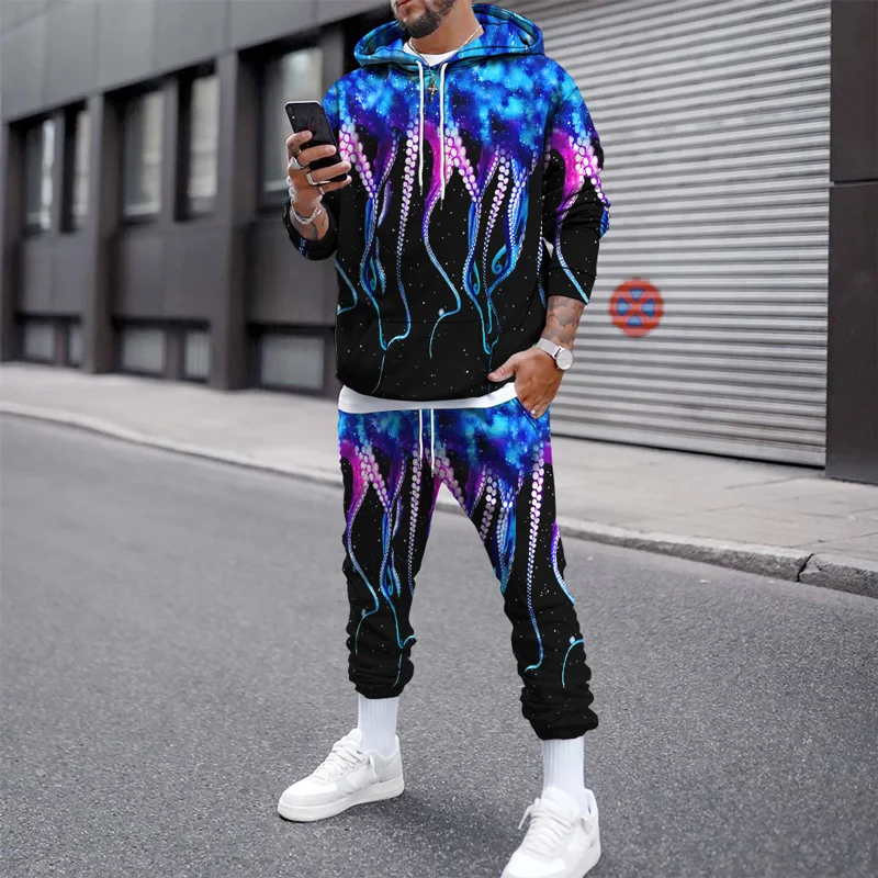 

Octopus Print Autumn Winter New Men's Hoodie Pants Suit Fashion 2-Piece Set Casual Sportswear Hip Hop Street Retro Harajuku S-6X
