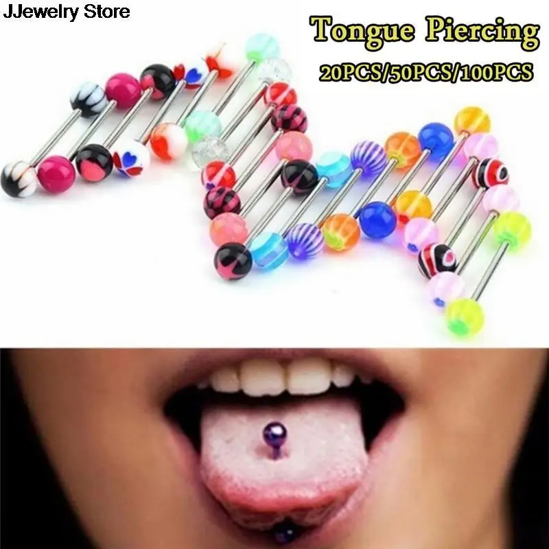 20/50/100PC Mix Style Barbell Bar Tongue Piercing Ring Fashion Stainless Steel Candy Colors Men Women Body Jewelry | Украшения и