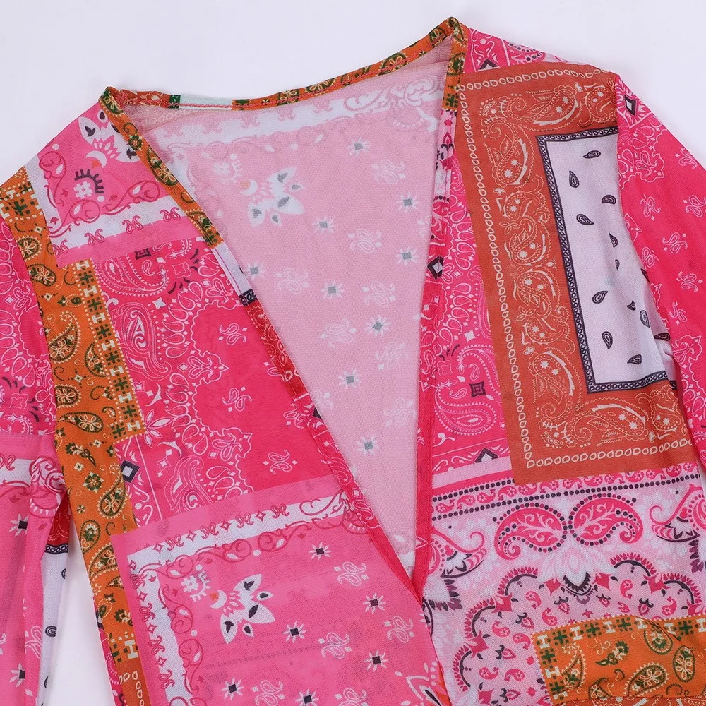 

Fashion Summer Deep V-Neck Printed Flare Long Sleeve Smocked Short Dress For Woman Transparent Party Dress Mini Dress For Women