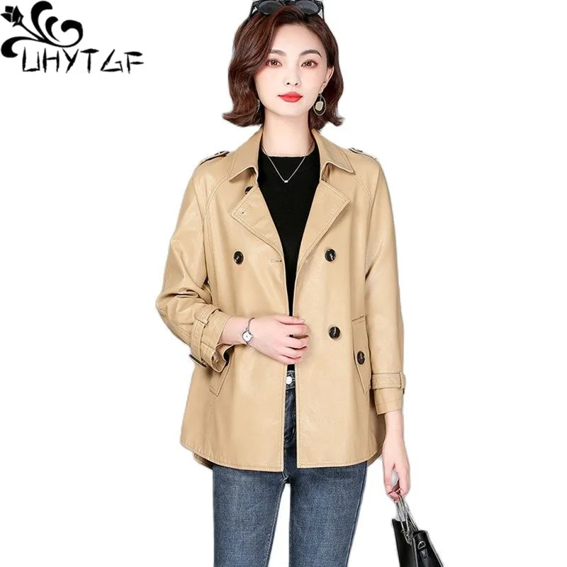 UHYTGF Quality Sheepskin Autumn Leather Jacket Women Fashion Double-Breasted Short Coat Korean 4XL Loose Size Tops Outewear 2339
