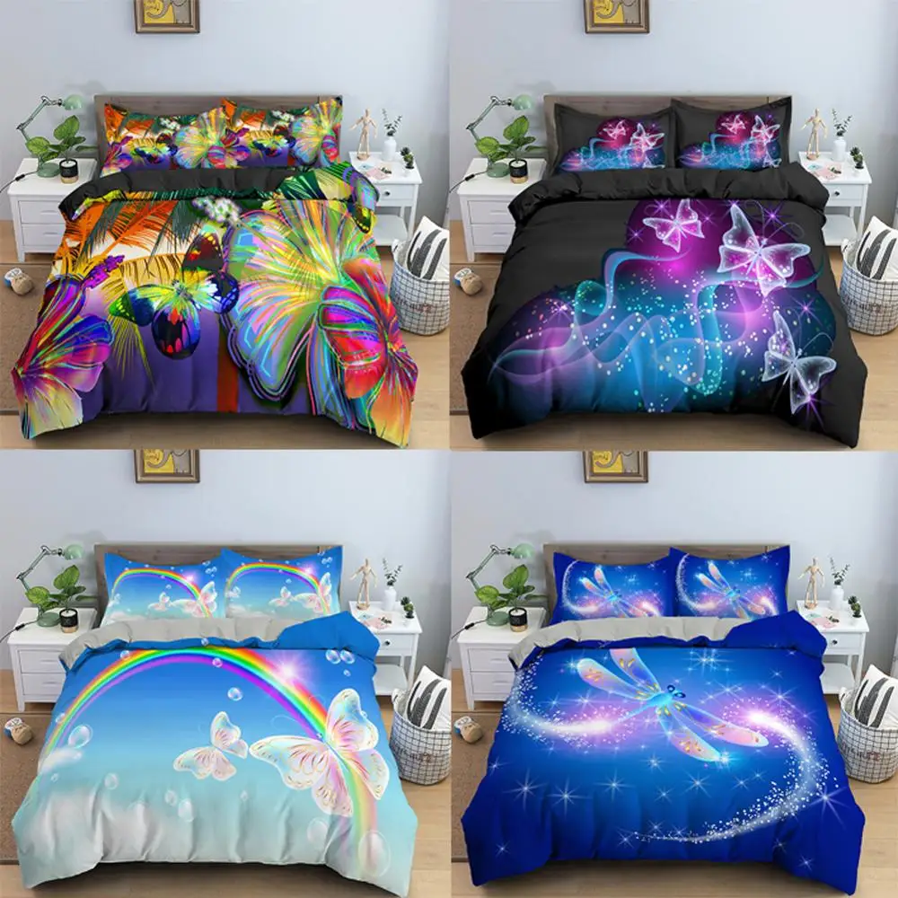 

2/3pcs 3D Galaxy Butterfly Dragonfly Bedding Set Rainbow Bedline Soft Duvet Cover for Kids Bedding King /Queen/Full/Twin Size