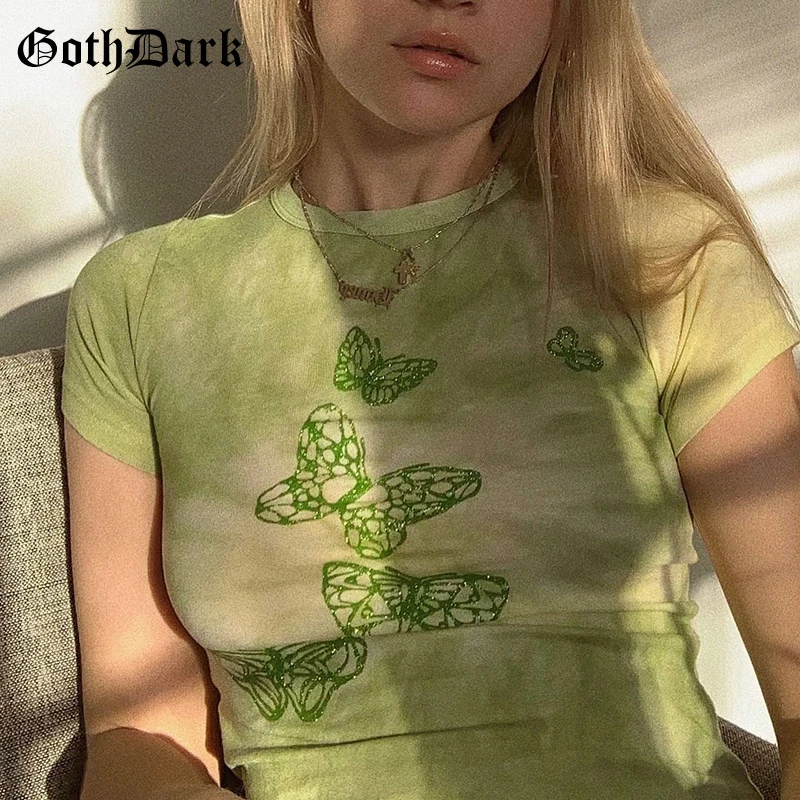 

Goth Dark E-Girl Aesthetic Sweet Women Summer T-Shirts Gothic Harajuku Butterfly Print Bodycon Crop Tops Short Sleeve Streetwear