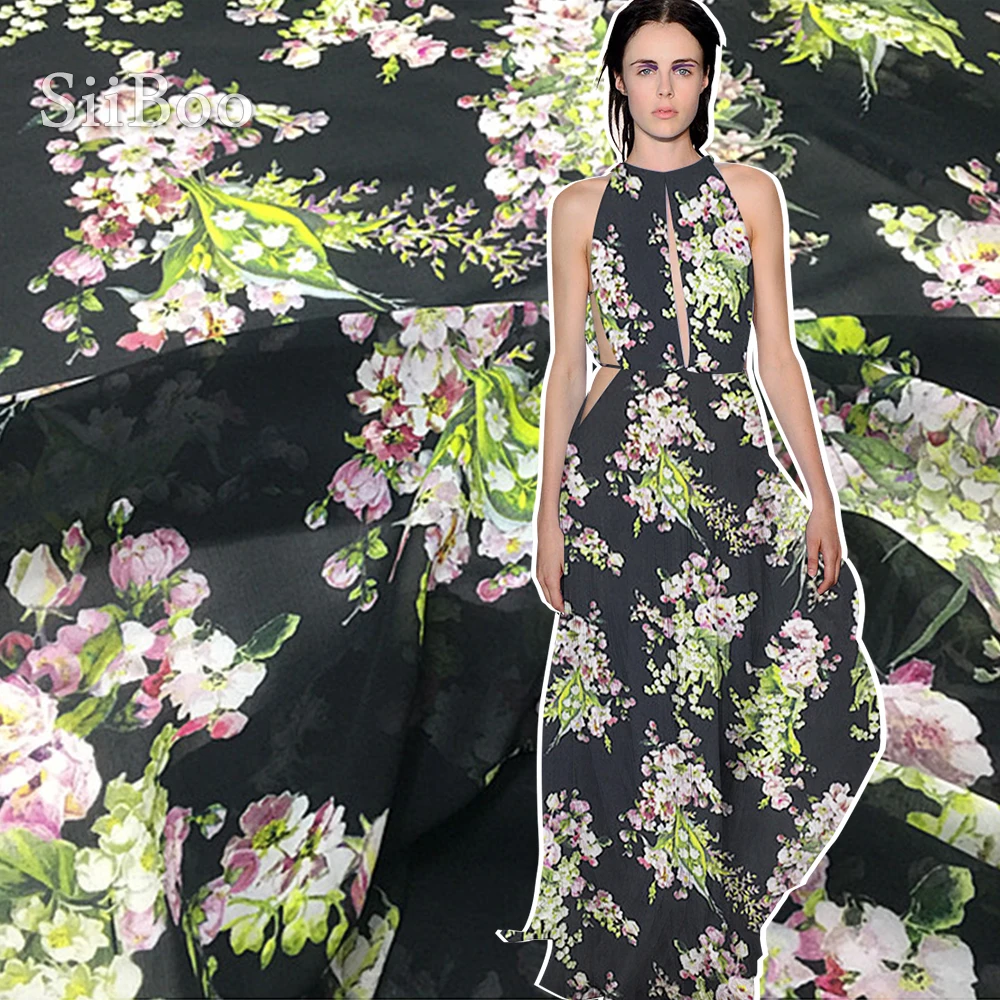 

Siiboo pure natural silk georgette fabirc for women dress fancy kimono beautiful floral printed Tela de seda sp6540