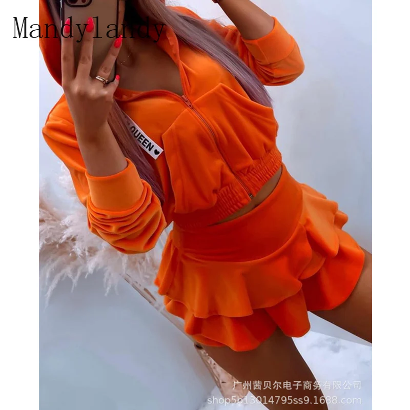 

Женский элегантный бархатный комплект с капюшоном Mandylandy, спортивный костюм, Женское пальто на молнии с карманами и капюшоном + юбка с высоко...