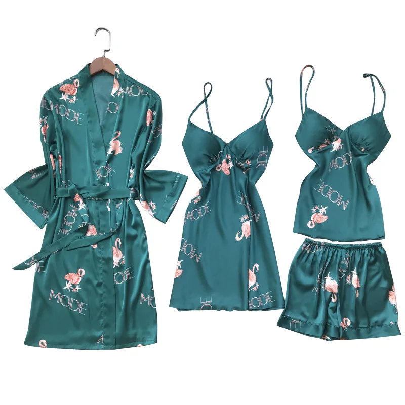 

Print 4PCS Kimono Robe Female Satin Nightwear Home Clothing Intimate Lingerie Sexy Green Sleep Set Soft Sleepwear Nightgown