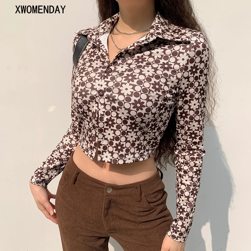 

Женский укороченный топ с длинными рукавами и принтом, коричневая винтажная рубашка Harajuku с отложным воротником и пуговицами, модная улична...