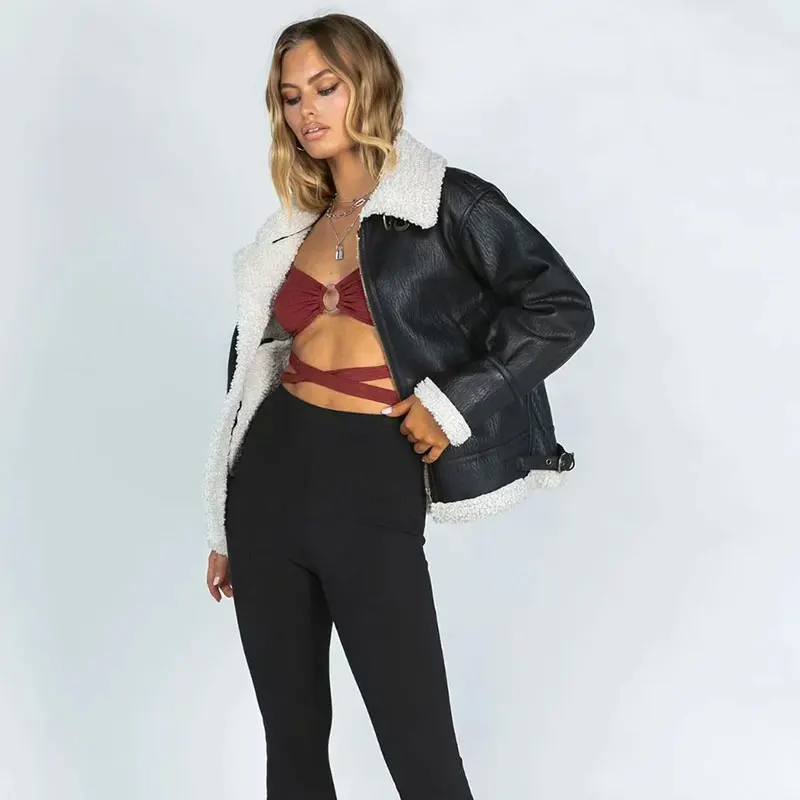 

Пальто женское из искусственной кожи на молнии с длинным рукавом, Осень-зима