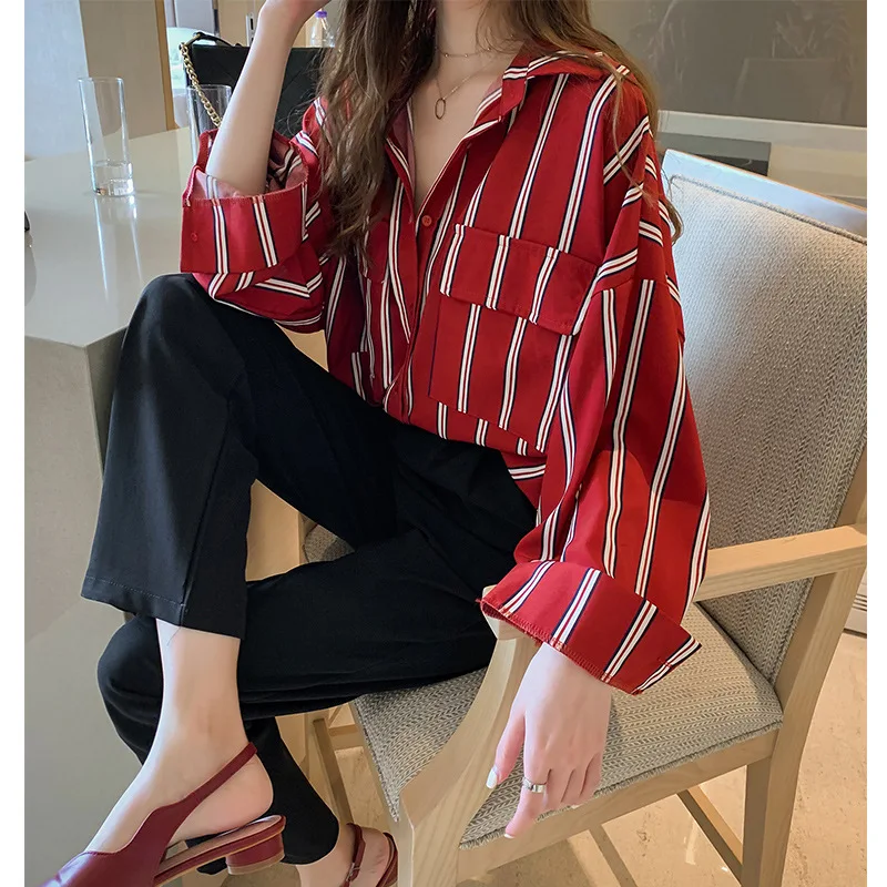 

Spring New Korean Style Loose and Idle Striped Shirt Women's Design Blouse Coat Fashion