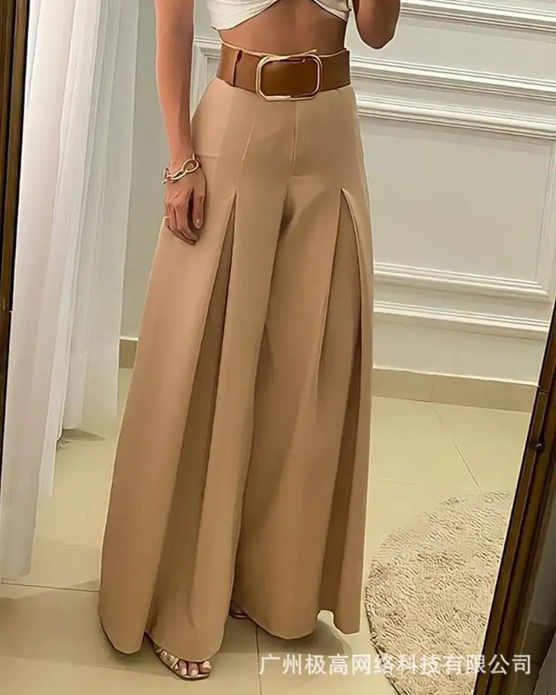 

New European and American casual solid color wide leg pants-without belt
