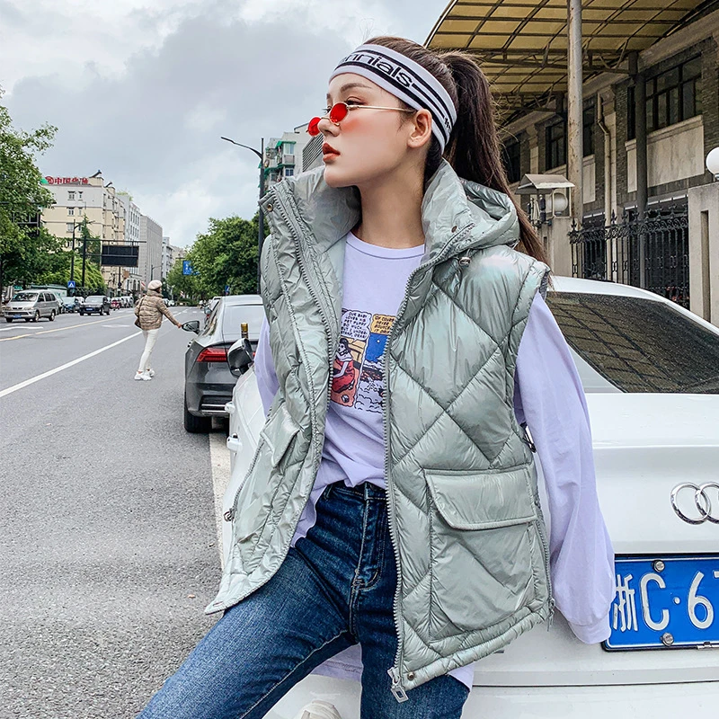 

2021 New Down Cotton Vest Women Winter Short Waistcoat Outerwear Sleeveless Jacket Coat Hooded Autumn Cotton Vest Female MY38