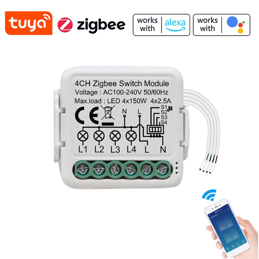 

Умный телефонный коммутатор Tuya ZigBee, 4-х клавишный переключатель, интеллектуальный модуль модификации для дома