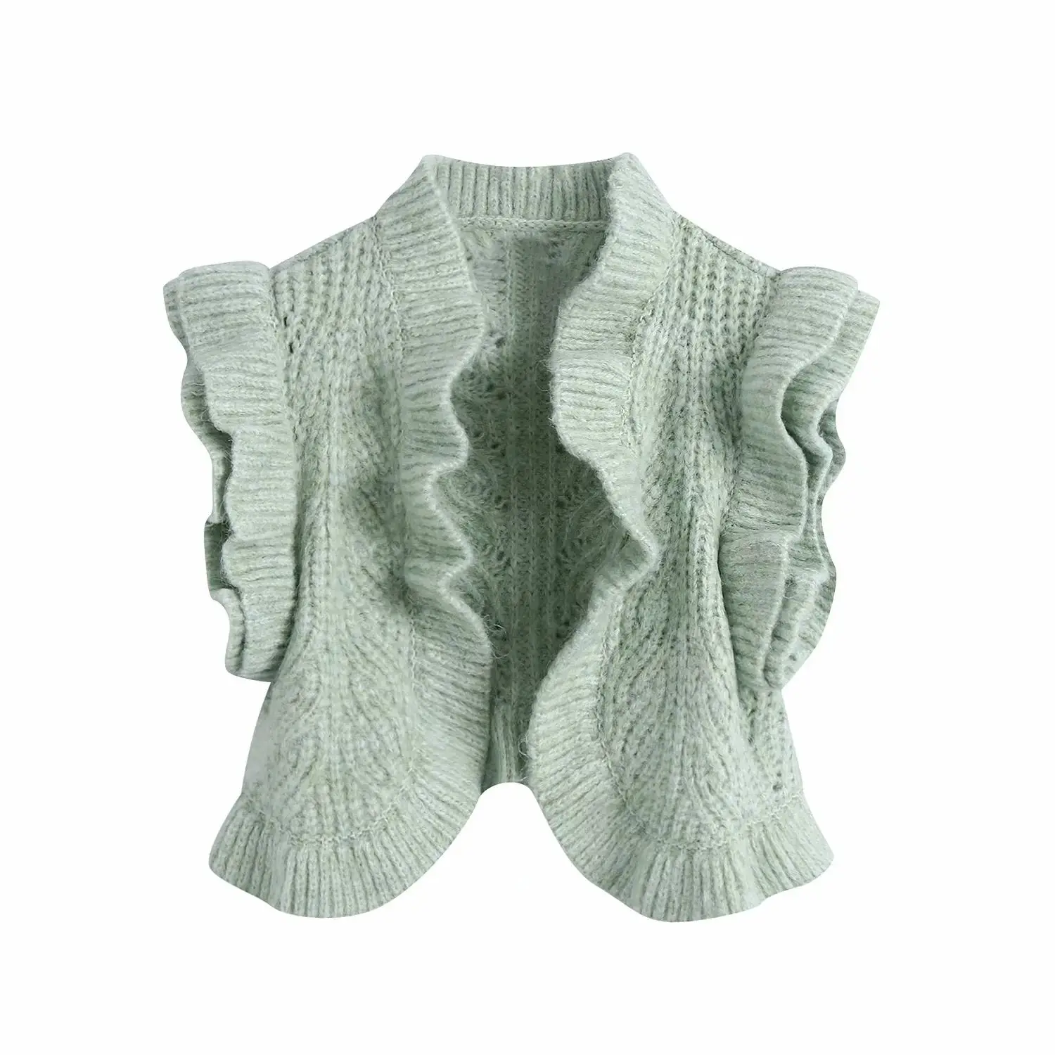 

New Pop Women Knit-waistcoat Ruffled Trims Sleeveless Crop Sweater Vest Casual Vogue Chic Woman Knitted cardigan
