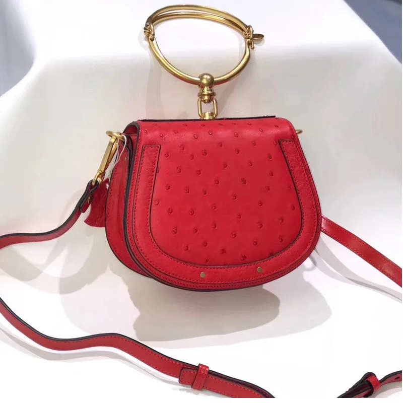 Authentic Ostrich Skin Women's Mini Gray Color Handbag Bracelet Handle Lady Saddle Purse Genuine Leather Cross Shoulder Bag | Багаж и