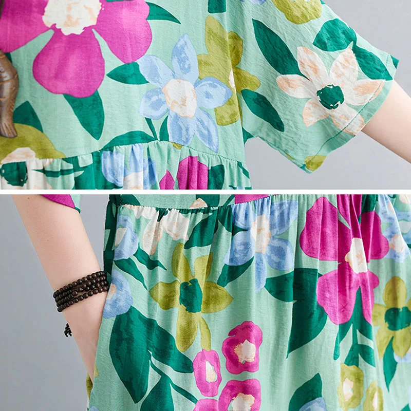 

New 2021 Summer Fashion Short Sleeve Women Dress Boho Cotton Linen Loose Long Woman Dress Vintage Floral Printed Lady Dresses