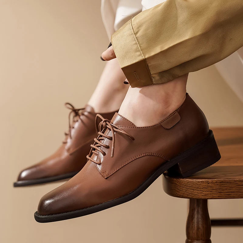 

kickway Women Oxford Shoes Woman Flats Spring Women's Brogue Cow Leather Black Flat Office Derby Female Shoes Plus Size 11 42