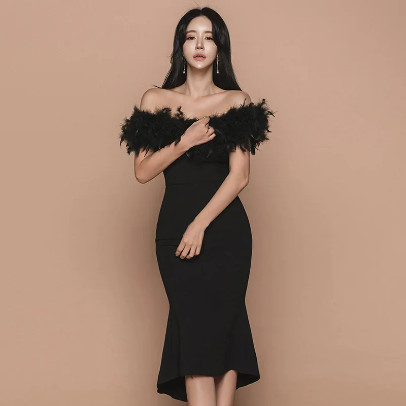 

Black Feather Women Dresses Knee Length Lady Casual Dress High-Low Party Wear DZA083