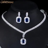 cwwzircons bling square drop dark blue cubic zircon necklace and earrings women party jewelry set for wedding brides t507