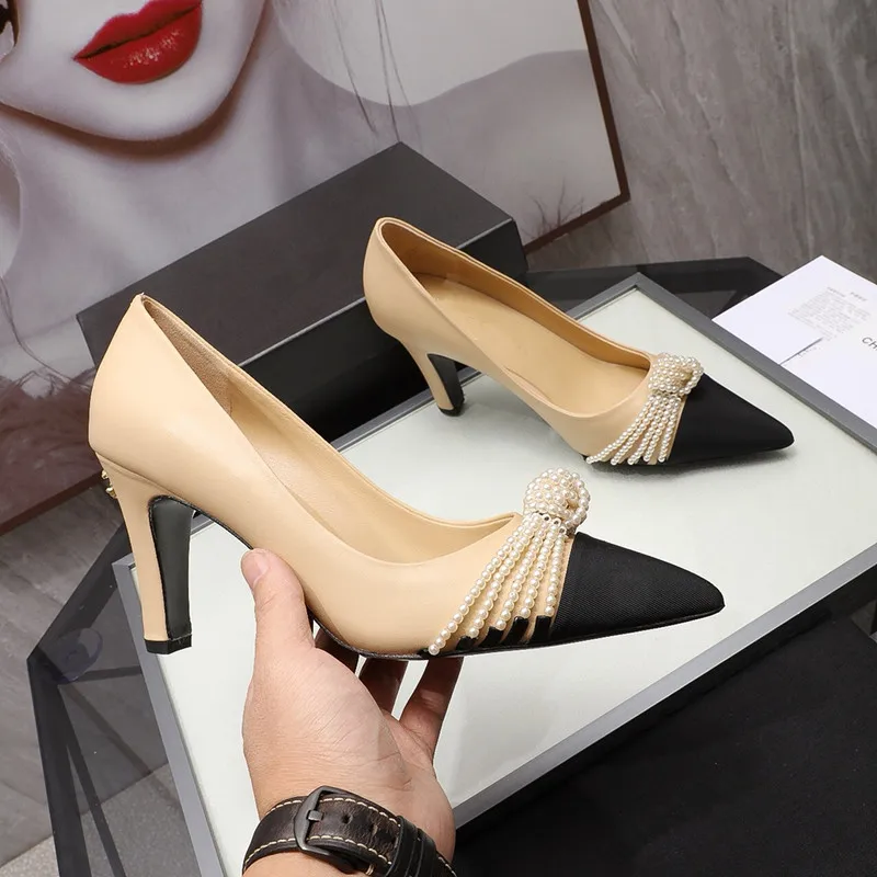 

Pointed Toe Genuine Leather High Heels Woman Cozy Shallow Lady Pumps Brand Design Slip On Concise Pearls Decor High Quality Shoe