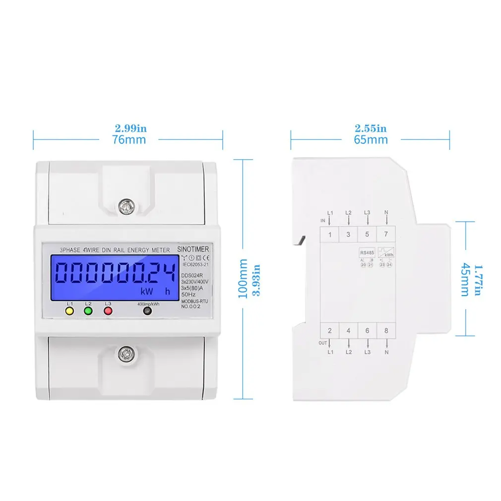 

RS485 Modbus Rtu DIN Rail 3 Phase 4 Wire Electronic Wattmeter Power Consumption Energy Meter 5-80A 380V AC 50Hz LCD Backlight
