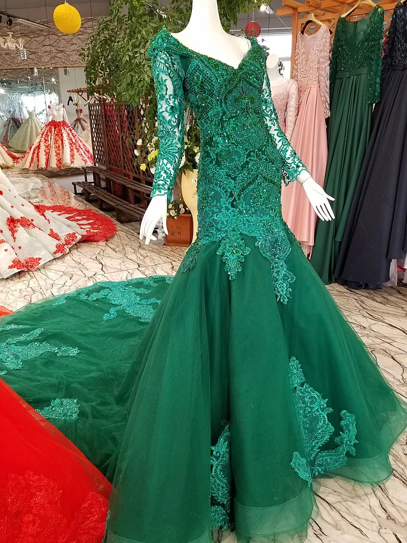 BGW HT3272 Green Mermaid Evening Dress With Handmade Beadings Long Sleeve V-neck Shiny Dress For Party With Train As Photos 2020