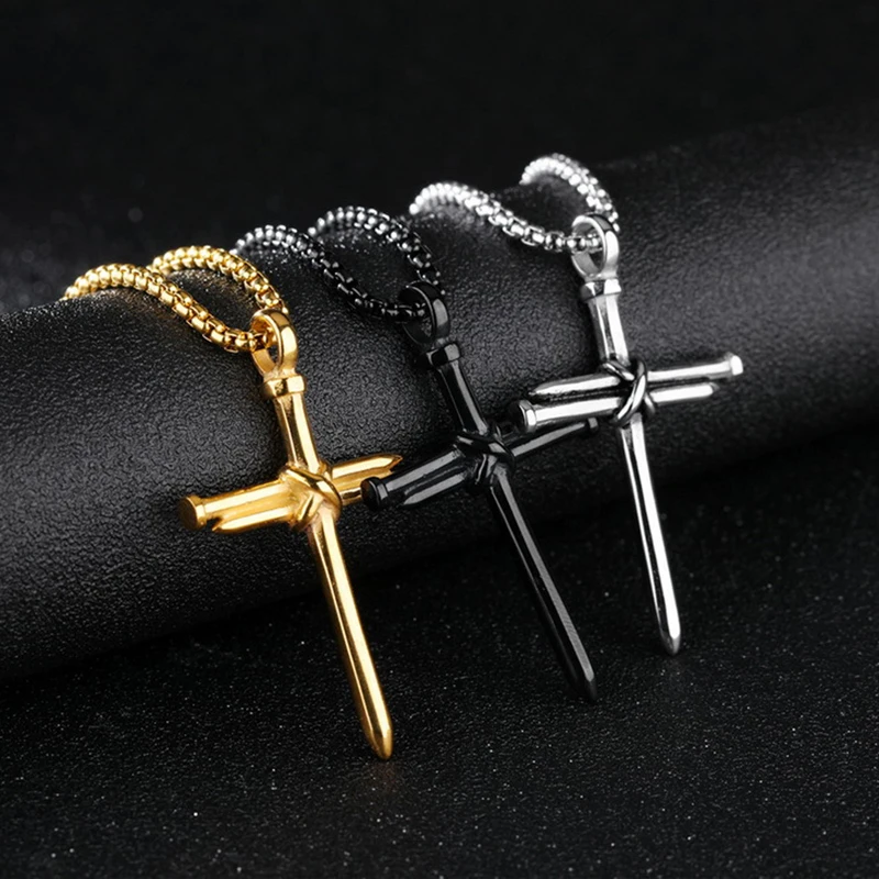 2020 New Fashion Cross Necklace Men Punk Nail Styling Pendant Black Gold Silver Color Chain Creative Gifts | Украшения и