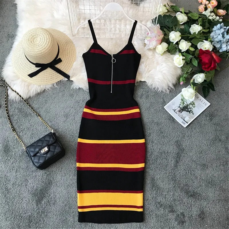 Сексуальное винтажное Полосатое облегающее корейское платье на молнии с v