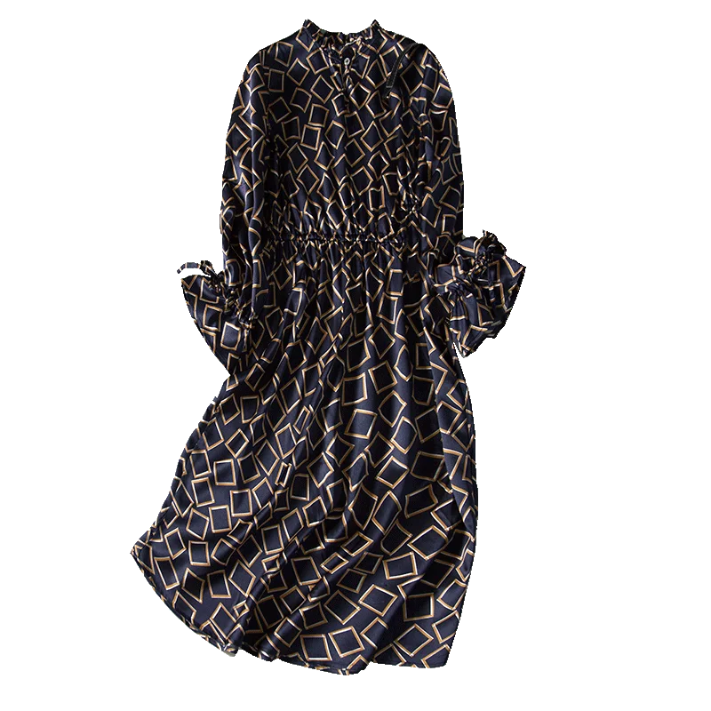 

Vintage Geometric Print Dresses Woman Party Night Mid-Calf Stand Collar Long Sleeve Dress Elegant Women Designer Clothing