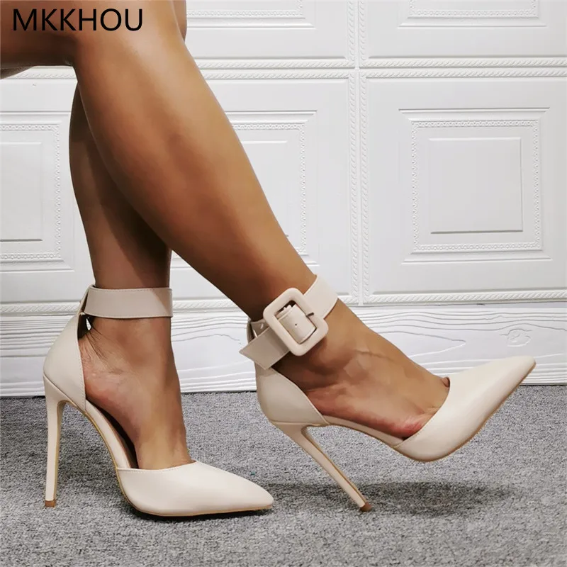 MKKHOU Fashion Pumps New Sexy Pointed Ankle Square Buckle Stiletto Heel 12cm High Heels Women Shoes Large Size 36-47