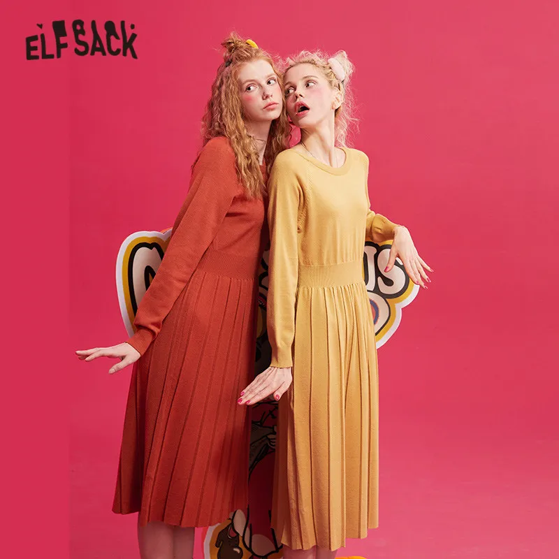 Женское трикотажное платье ELFSACK разноцветное однотонное свитер с рукавами