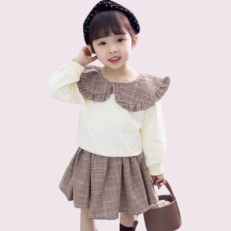 Girls Clothes Plaid Skirt + Sweatshirt Suits For Peter Pan Collar Set Autumn Fashion Suit Baby | Детская одежда и обувь