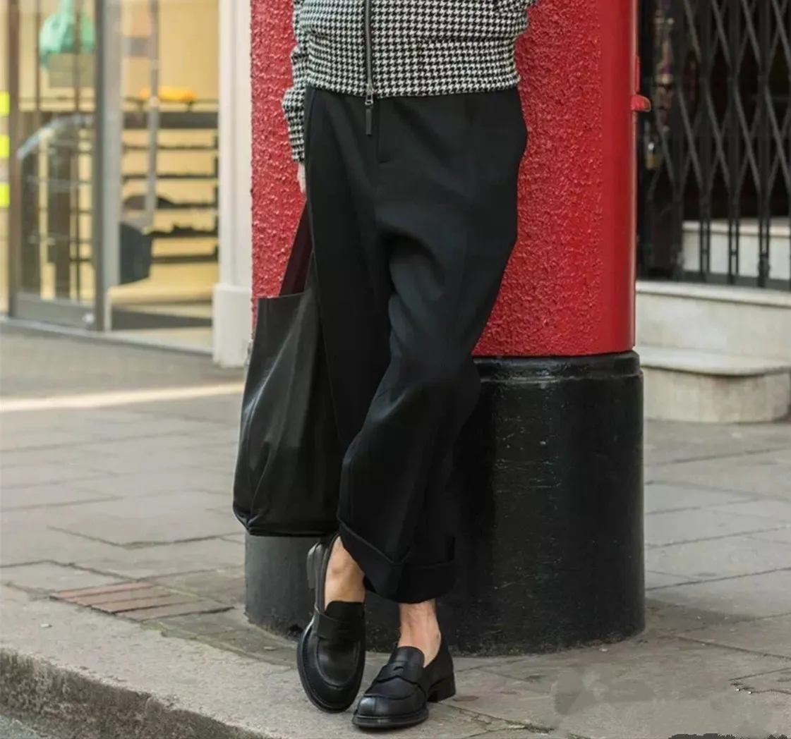 Осенне-зимние плотные черные твидовые свободные микро-шаровары с подкладкой