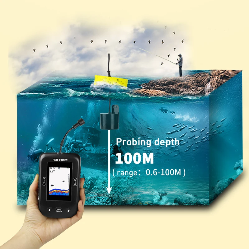 XF02-C Portable Fish 0.6-100M Finder Depth Sonar Sounder Alarm 9m Cable Waterproof Fishfinder Fishing Echo For | Спорт и развлечения