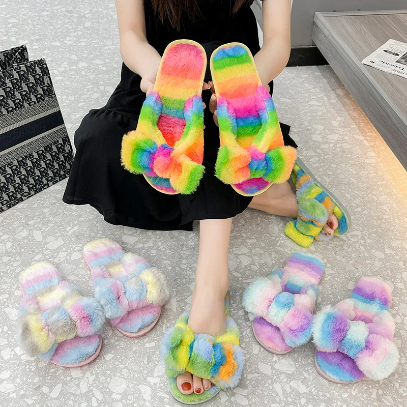 

2021 Fashion Flat Shoes Multi-color Women Fluffy Slipper Winter Plush Slippers Flat Shoes Warm Faux Fur Slipper Home Ladies Shoe