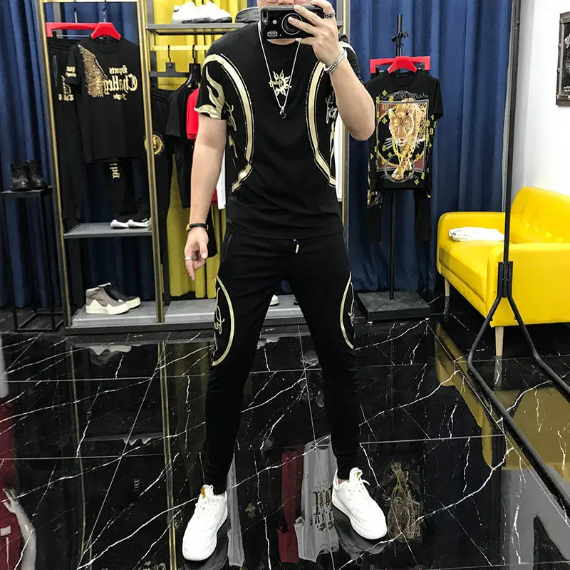 

2021 men's casual suit summer new short sleeve clothes men's trend Korean handsome set