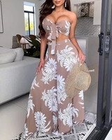 sexy tube top printed wide leg jumpsuits women summer high waist floral hollow out bandage loose straight pants rompers boho new