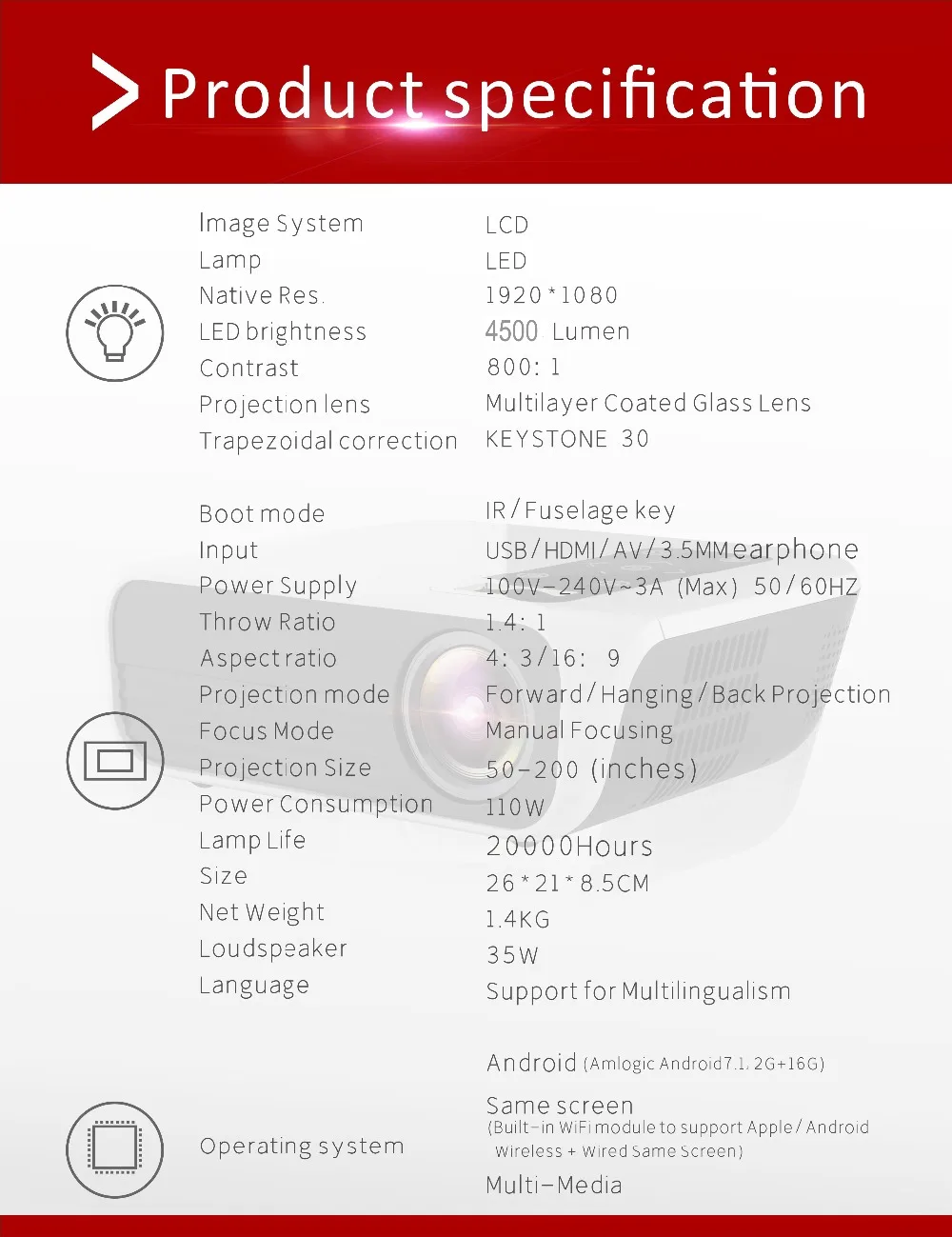 ByJoTeCH T8 светодиодный проектор 4500 люмен 1920*1080 домашний кинотеатр Full HD 1080P Amlogic S905 2G 16G Android 7,1 Proyector Beame