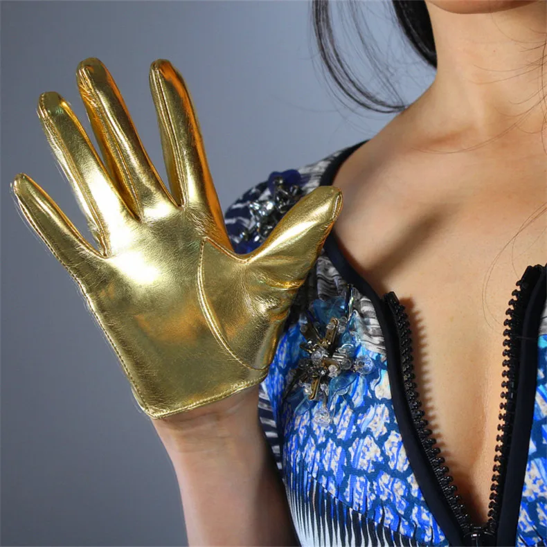 Новинка, лакированные кожаные перчатки длиной 28 см, сохраняющие тепло, женские кожаные перчатки, зеркальные, яркие, золотые, женские, WPU19