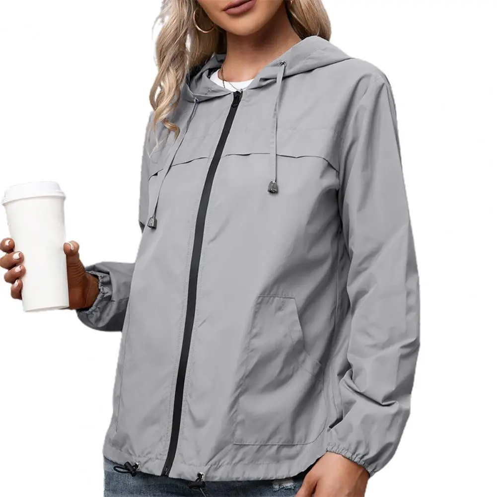 

Ele-choices Solid Color Zipper Closure Hooded Jacket Thin Long Sleeve Windproof Women Jacket Female Clothing for Daily Work