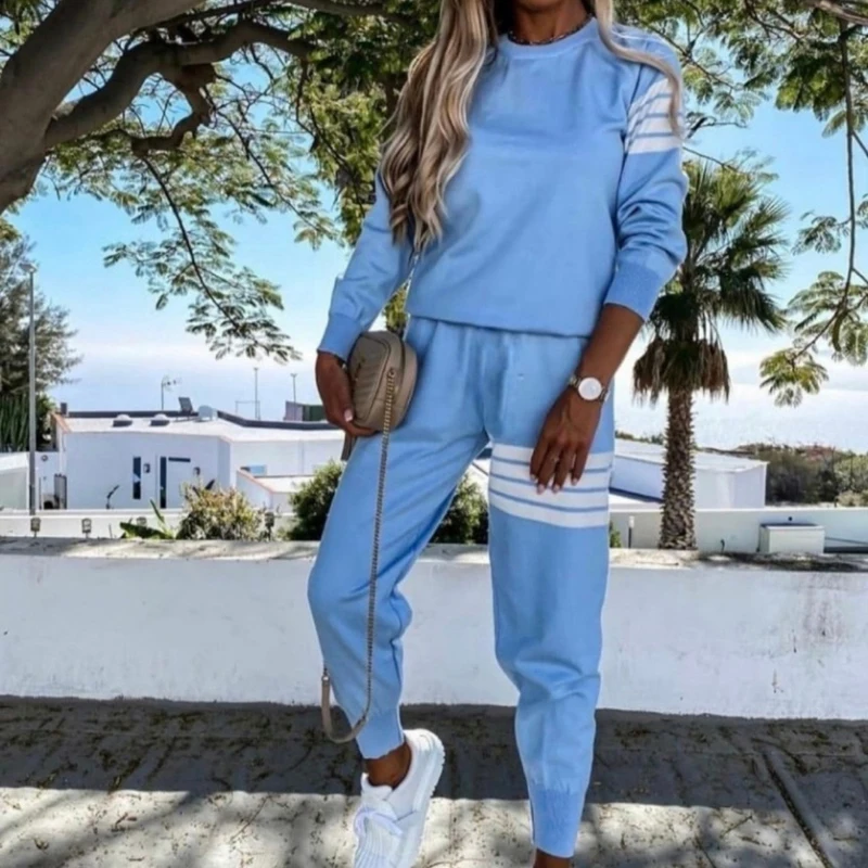

2021 Autumn Winter Tracksuit Outfits Women O Neck Long Sleeve Sweatshirt Pullover and Pants Suit Sexy Striped Patchwork 2pcs Set